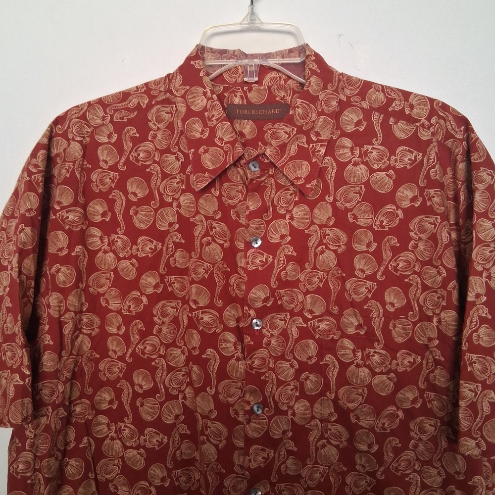 Vintage Tori Richard Honolulu Men's Large Sea Horse Sea Shell Lawn Cotton Shirt